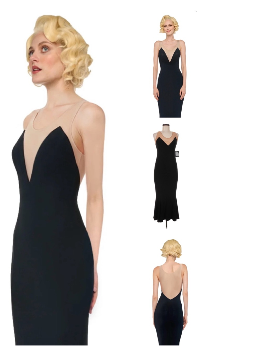 Norma Kamali Racer Fishtail Midi Gown in Black and Nude Mesh Size Large NWT